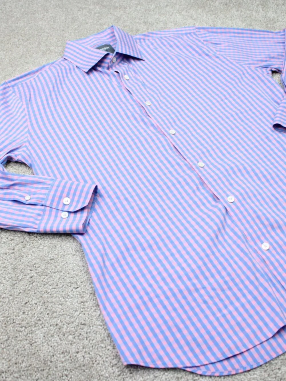 Bonobos Shirt Mens 17, 34 Pink/Blue Check Tailored Slim Fit Long Sleeve Button